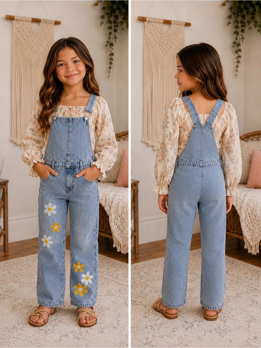 🌼Girls Floral Embroidered Denim Jean Overalls Size 7Y Wide Leg Boho Daisy NWT🌼